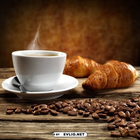 Cup Of Coffee Coffee Seeds And Croissants PNG Image With Isolated Graphic Element