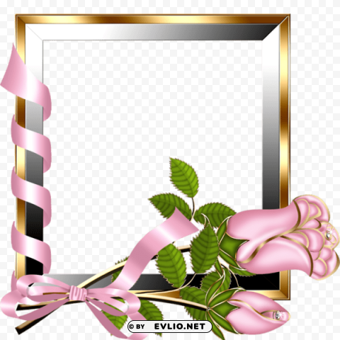 gold and silver transparent frame with light pink roses PNG Isolated Illustration with Clarity