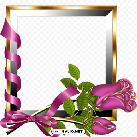 gold and silver transparent frame with pink roses PNG Isolated Illustration with Clear Background