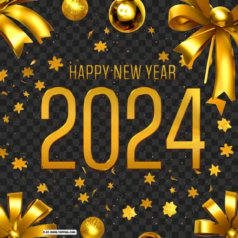 Gold themed Happy New Year 2024 HD Card Design PNG files with no background bundle