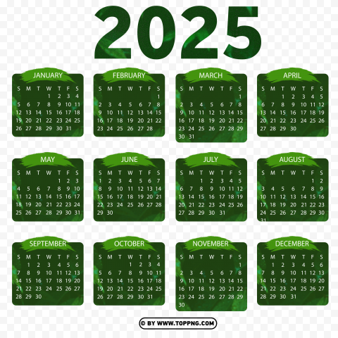 Green 2025 Calendar Image Isolated Illustration in Transparent PNG