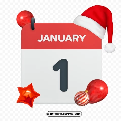 January 1st Calendar Date Icon With Santa Hat and Balloon and Balls Holidays Transparent Background Isolated PNG Design