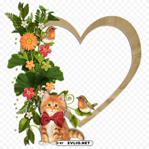 kitty birds and flowers heart frame Transparent PNG art