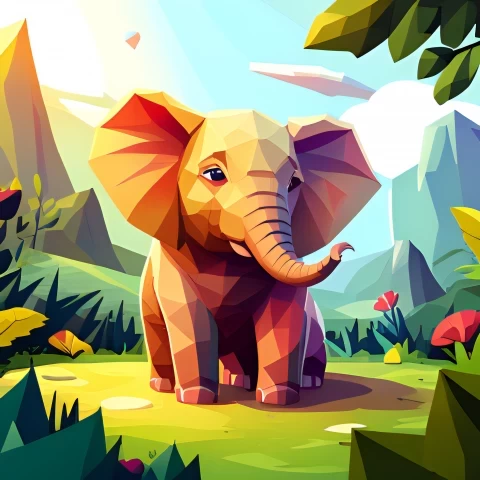 low poly style Adorable Elephant Joyful in Cinematic Garden Background Transparent PNG images pack - Image ID 10e800b7