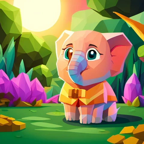 low poly style Cinematic Garden Delight Adorable Elephant in Colorful Cloak Background Transparent PNG images set - Image ID 634f4866