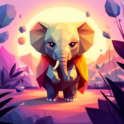 low poly style Joyful Baby Elephant Vibrant Colors in Cinematic Garden Background Transparent PNG images with high resolution