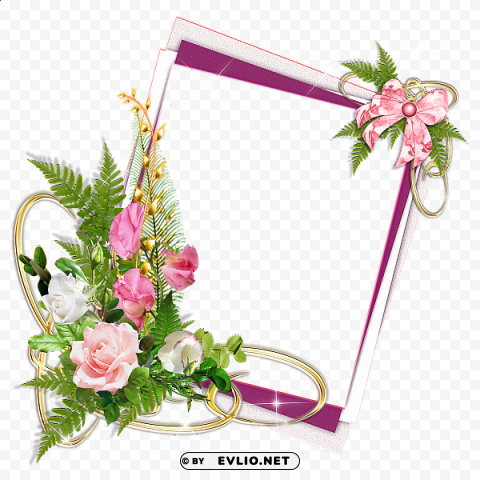 pink frame with roses and ribbon Transparent PNG Isolated Element