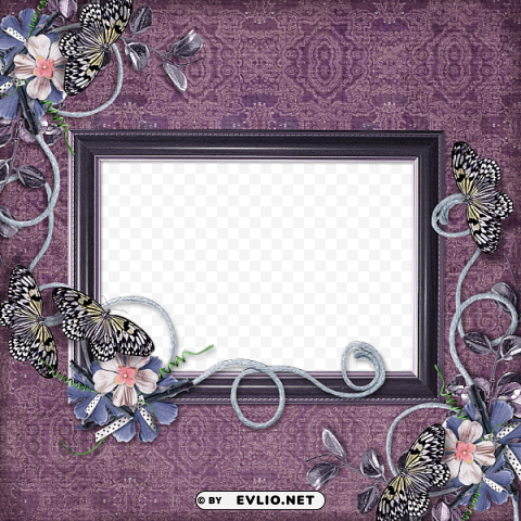 purple transparent frame with flowers and butterflies Clean Background Isolated PNG Character