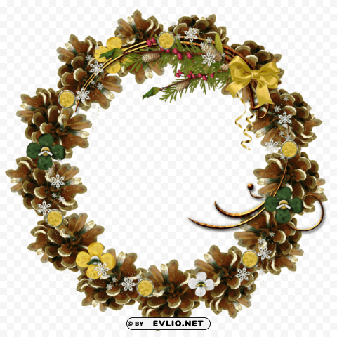 Round Pine Conechristmas Photo Frame With Gold Bow PNG No Background Free