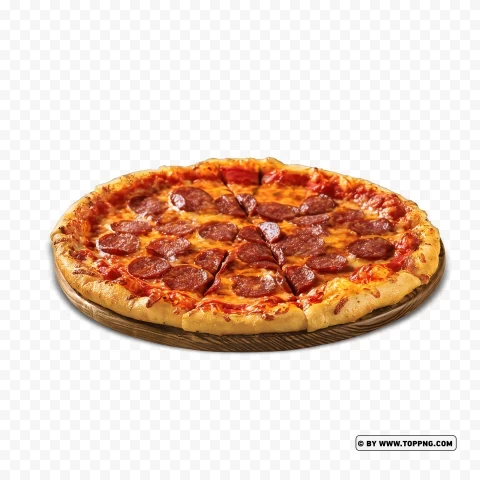 Tasty Pepperoni Pizza Displayed on a Wooden Plate Isolated Subject with Clear Transparent PNG