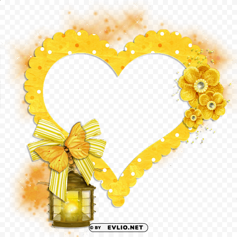 frame yellow heart with butterfly flowers and lamp Transparent PNG Image Isolation