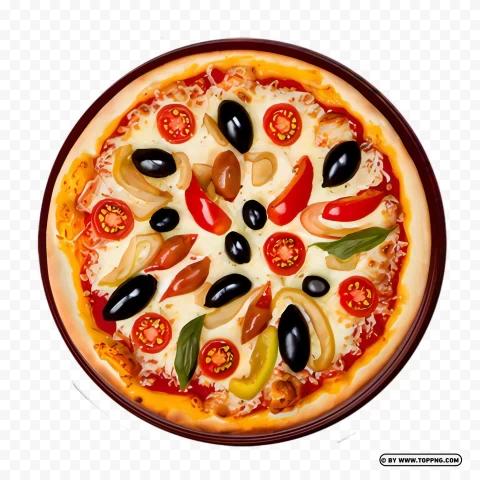 Veggie Pizza with Tomatoes Olives and Peppers on Rustic Wooden Plate Image PNG art