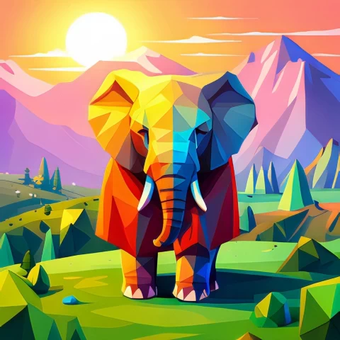 Vibrant Low Poly Art Playful Baby Elephant in Colorful Cloak Transparent PNG images complete package