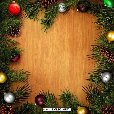 wooden square christmaswith pine branches and ornaments Clean Background PNG Isolated Art