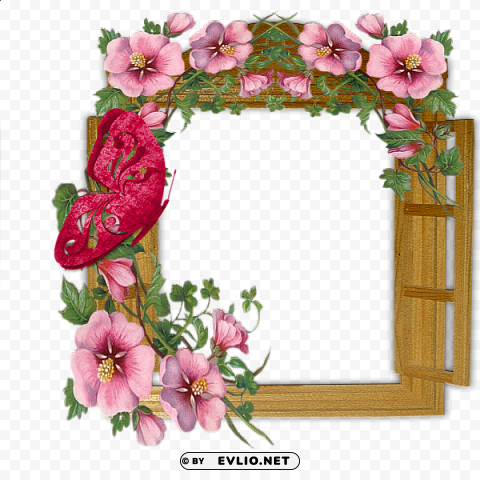Wooden Winow With Flowers And Butterfly Frame Transparent PNG Illustration With Isolation