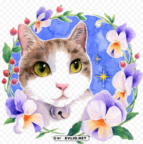 cat with flowers painting PNG Isolated Object with Clarity PNG transparent with Clear Background ID 1ebe6e08