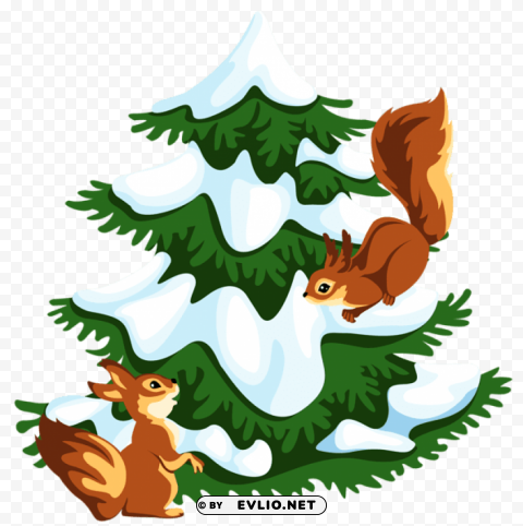 transparent snowy tree with squirrels PNG Image Isolated on Clear Backdrop