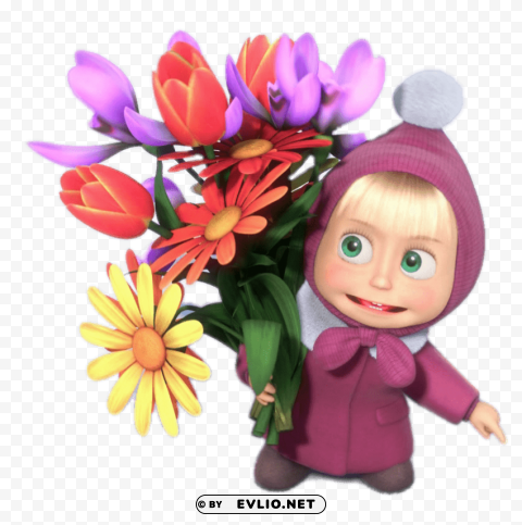 masha holding bunch of flowers Isolated Design Element in HighQuality PNG