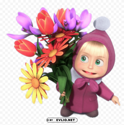 Masha Holding Bunch Of Flowers Isolated Design Element In HighQuality PNG