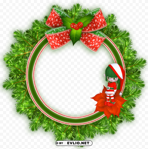 round transparent christmas photo frame with elf PNG Isolated Illustration with Clear Background