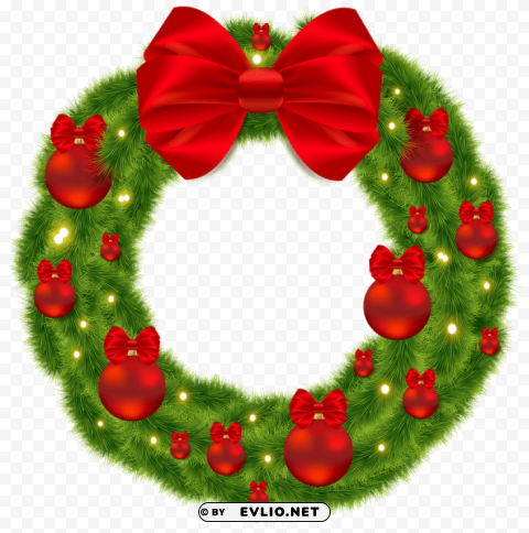 pine wreath with red bow and christmas balls PNG with Isolated Object