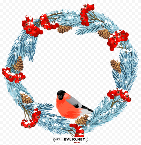 Blue Winter Wreath With Bird PNG Images For Mockups