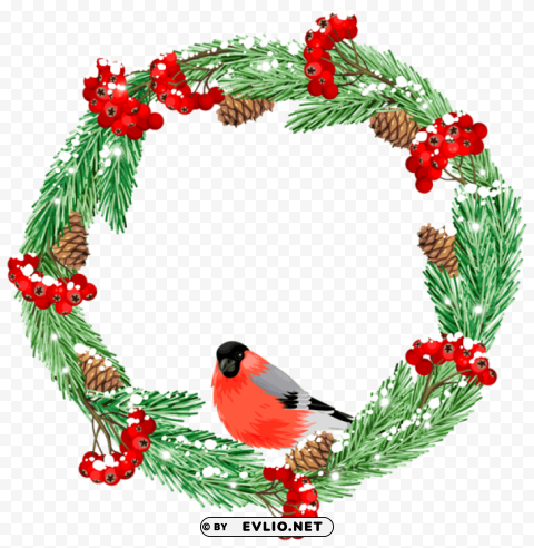 Green Winter Wreath With Bird PNG Images For Printing