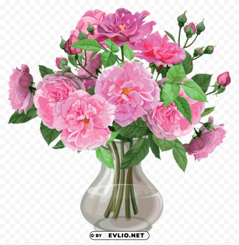 pink roses in vase transparent PNG cutout