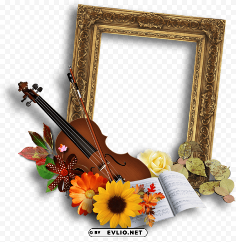  classic frame with violin and flowers Transparent PNG Isolated Object with Detail
