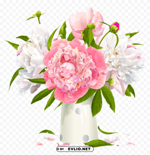 Vase With White And Pink Peonies Transparent PNG Isolated Item With Detail