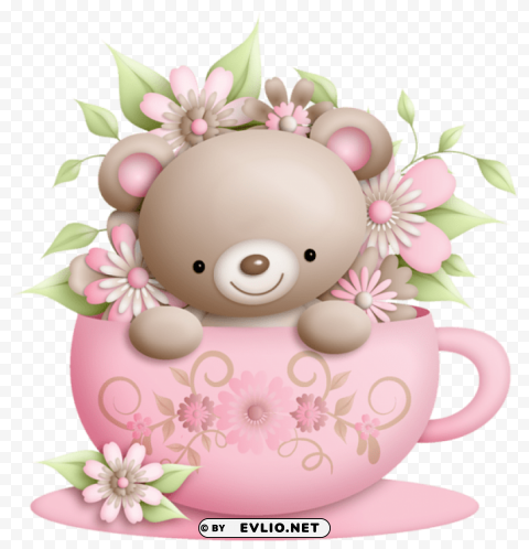 cup and teddy with flowers decoration Transparent PNG Isolated Subject