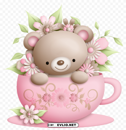 Cup And Teddy With Flowers Decoration Transparent PNG Isolated Subject