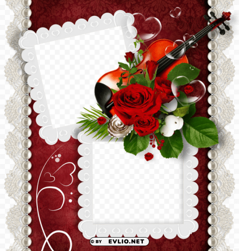 romantic doubleframe with violin and rose PNG images with transparent elements pack