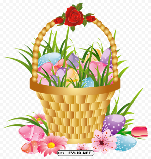 easter basket with eggs and flowers PNG high quality