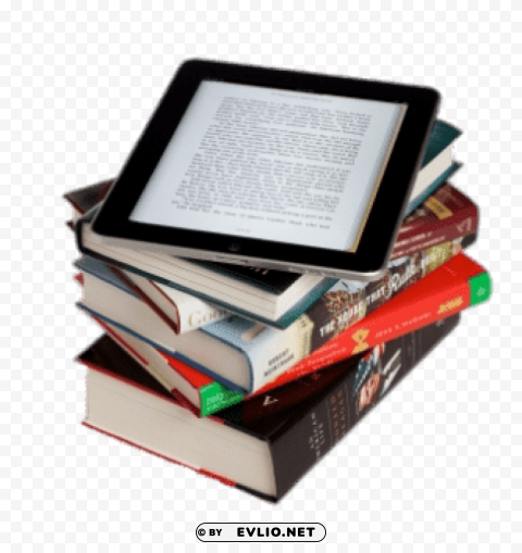 e-book on top of book pile PNG Graphic with Transparent Isolation