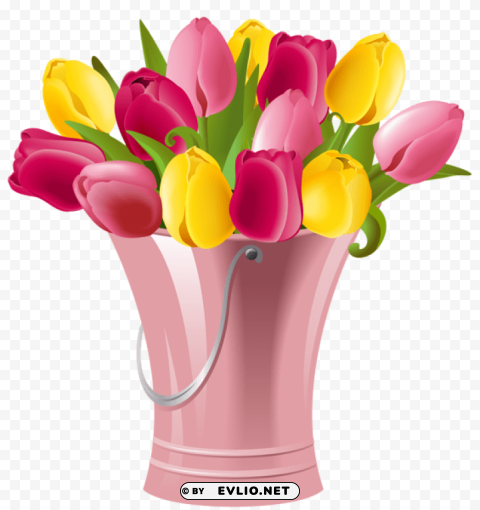 spring bucket with tulips Transparent PNG Isolated Graphic Detail
