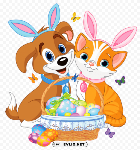 cute puppy and kitten with easter bunny ears and basket PNG Graphic with Transparent Isolation