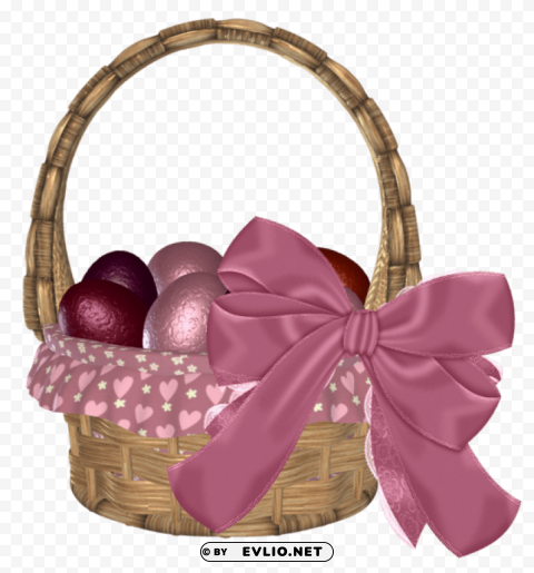 easter basket with eggs and pink bowpicture PNG Image with Isolated Element