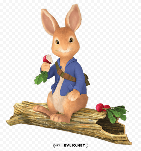 peter rabbit sitting on tree trunk PNG Isolated Subject on Transparent Background