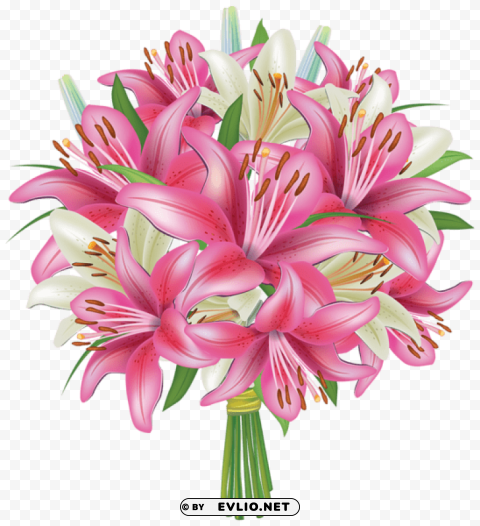 white and pink lilies flowers bouquet Transparent PNG Object with Isolation