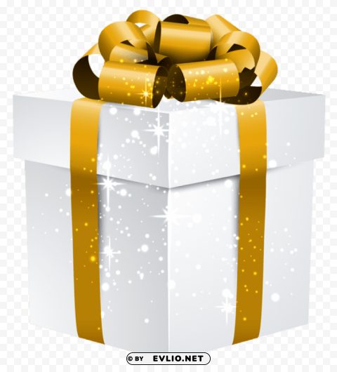 white shining gift box with gold bow PNG Image with Transparent Cutout