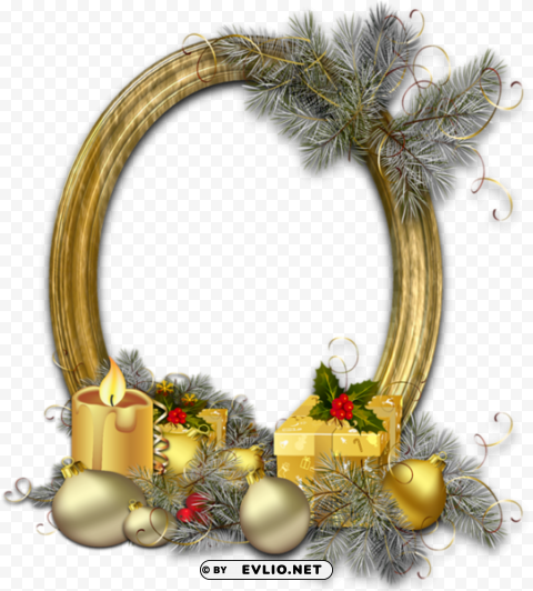 christmas oval gold photo frame with silver pine PNG images without licensing