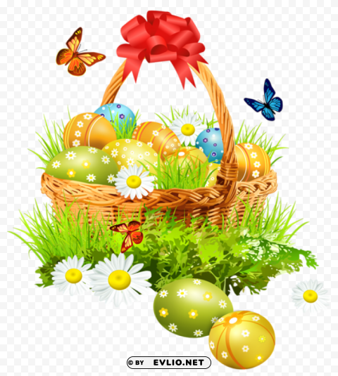 easter basket with eggsand butterfliespicture PNG Image Isolated on Clear Backdrop