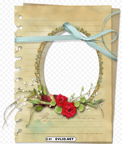 transparent paper photo frame with red roses and blue ribbon Isolated Subject in HighResolution PNG