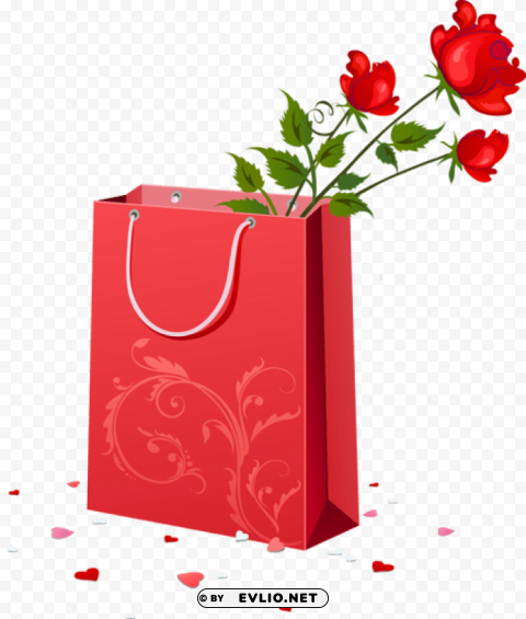 red gift bag with roses Isolated PNG Image with Transparent Background
