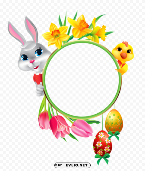 easter bunny and chicken with round frame PNG images with transparent elements