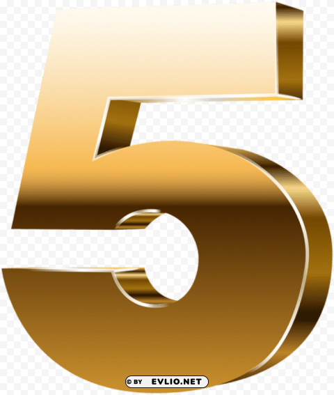 number five 3d gold Isolated Artwork on Clear Background PNG