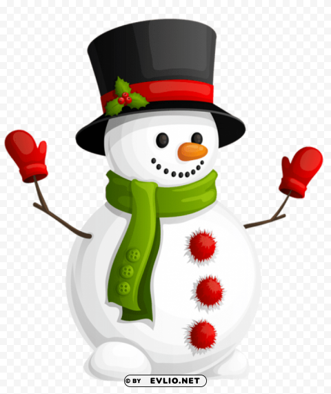 transparent snowman with green scarf Clear Background PNG Isolated Item