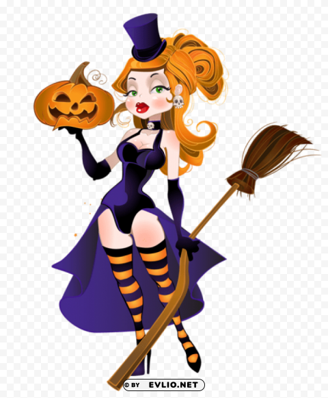 halloween witch with broom and pumpkin Clear background PNG clip arts