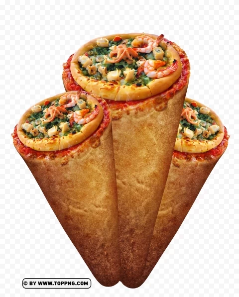 Three Cone Seafood Pizza on Transparent Background PNG for web design